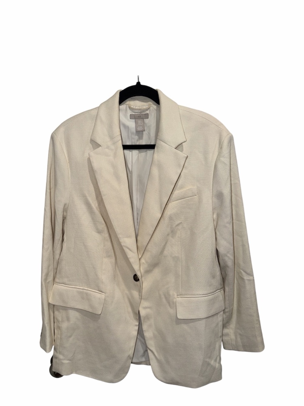 H&M Cream Textured Blazer Size M Single Button Notch Lapel Flap Pockets